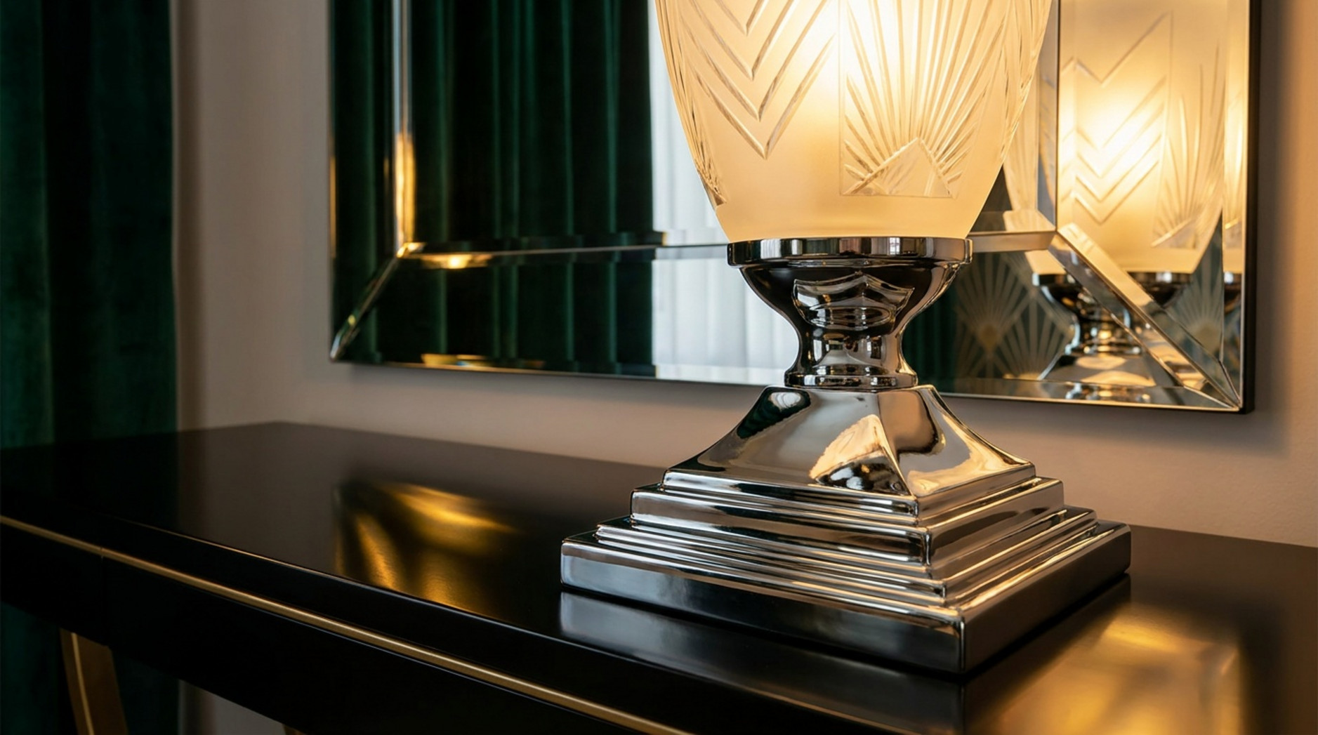 Leuchtende Art-déco-Tischlampe mit verchromtem Sockel und geometrisch geschliffenem Glasschirm vor einem Spiegel