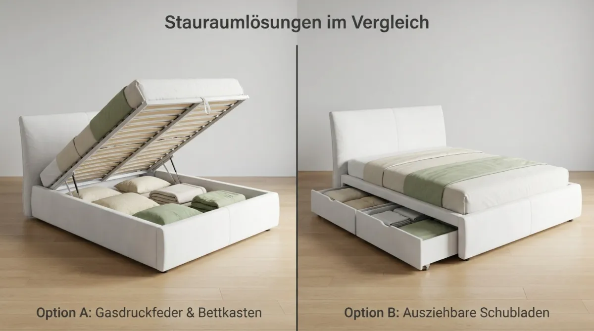 Vergleich zweier weißer Polsterbetten mit Stauraum: links ein hochklappbarer Lattenrost mit Gasdruckfedern und Bettkasten, rechts ein Bett mit ausziehbaren Schubladen.