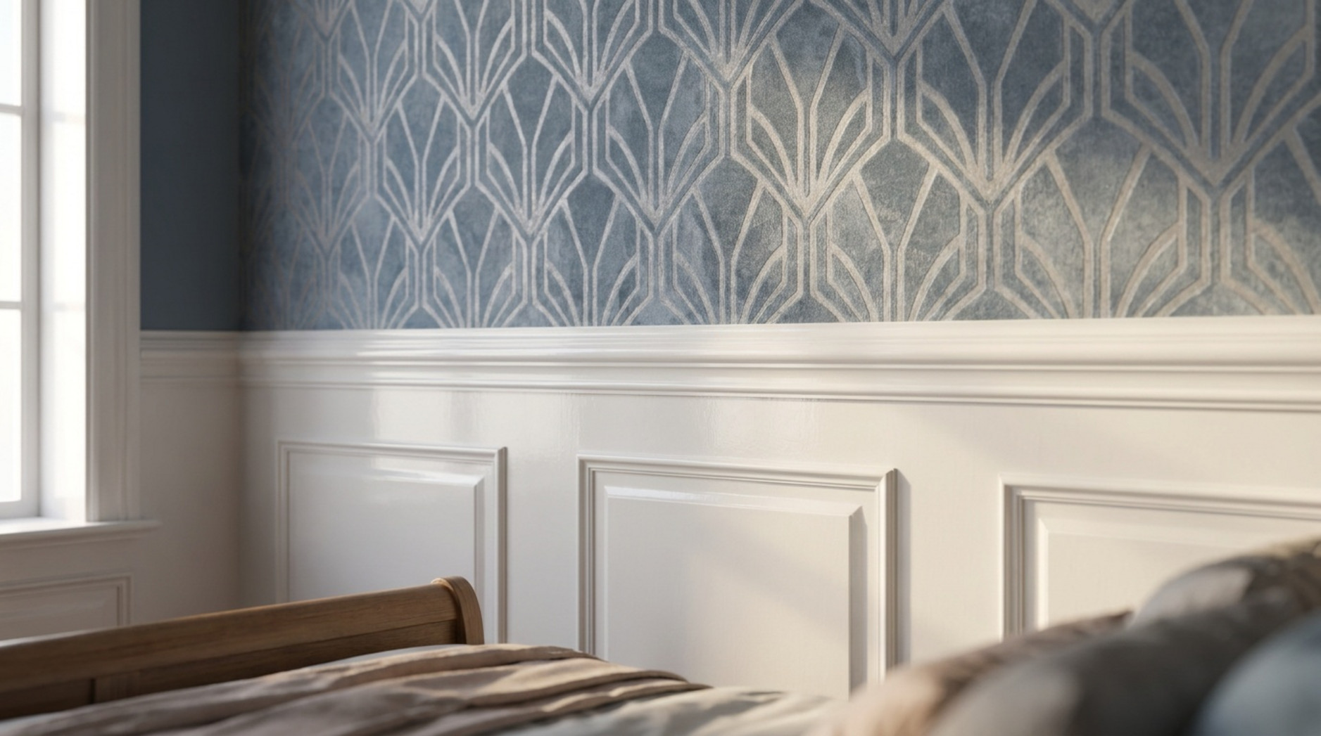 Blaue Tapete mit geometrischem Art-déco-Muster über einer weißen Wandvertäfelung im Schlafzimmer