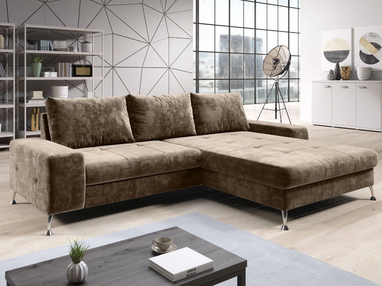 Braunes Ecksofa mit großer Ottomane in einem modernen Wohnzimmer