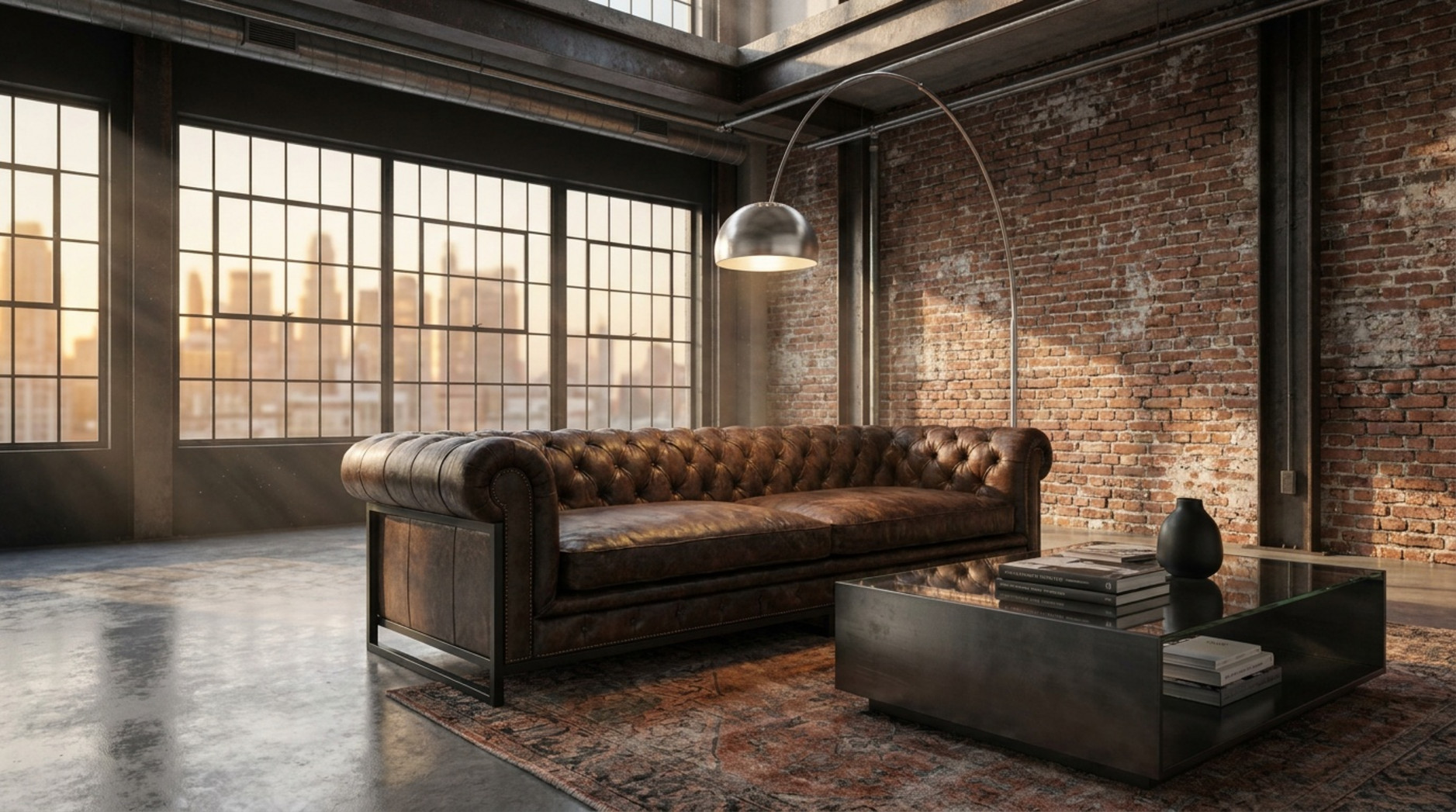 Braunes Chesterfield-Ledersofa in einem Industrial-Wohnzimmer mit Backsteinwand und großen Fenstern