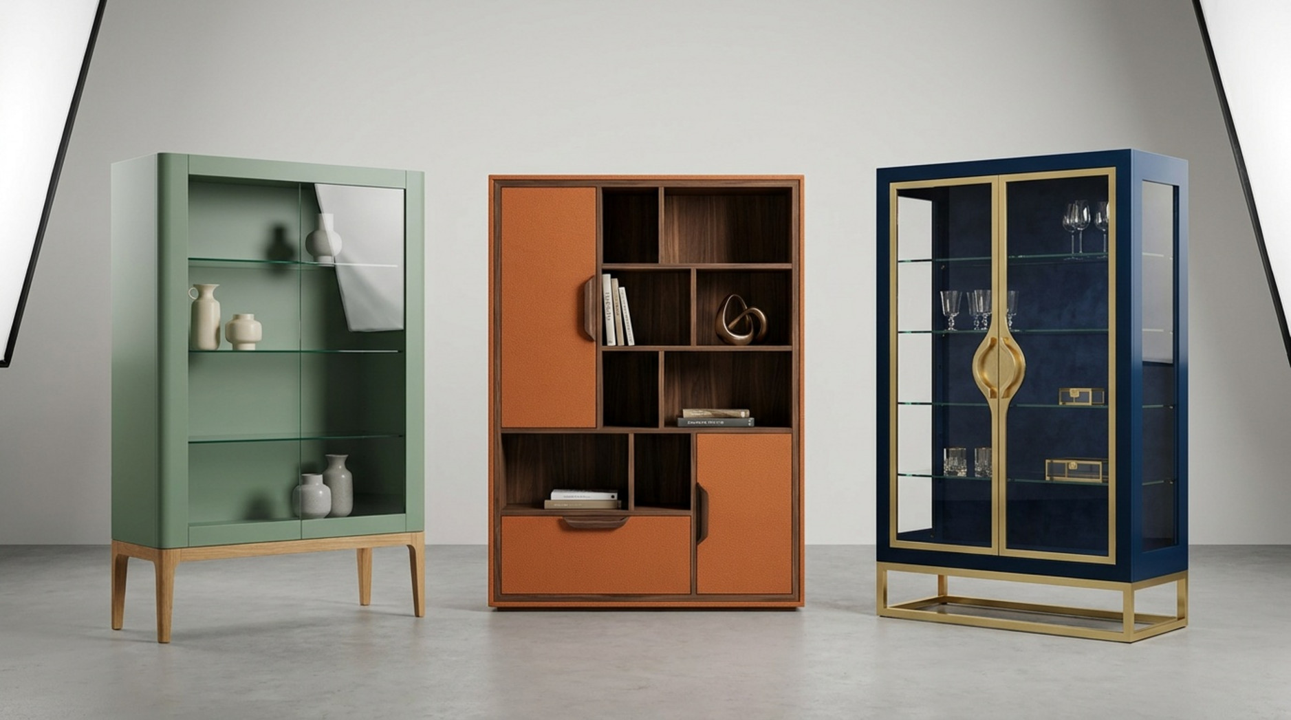 Drei moderne Schränke mit Glasfronten, offenen Fächern und farbigen Oberflächen in Grün, Orange und Dunkelblau