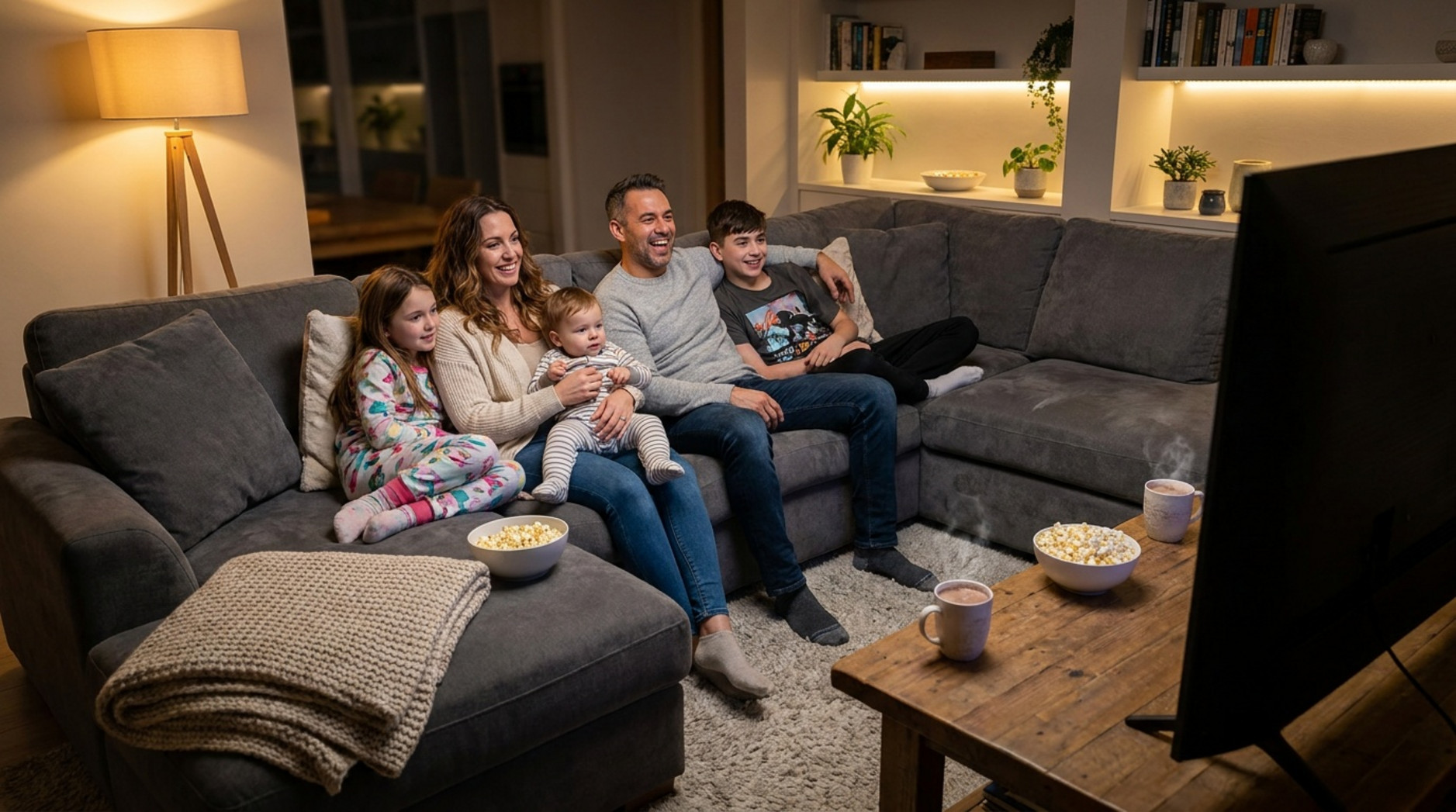 Familie sitzt gemeinsam auf einem großen grauen Ecksofa und schaut fern