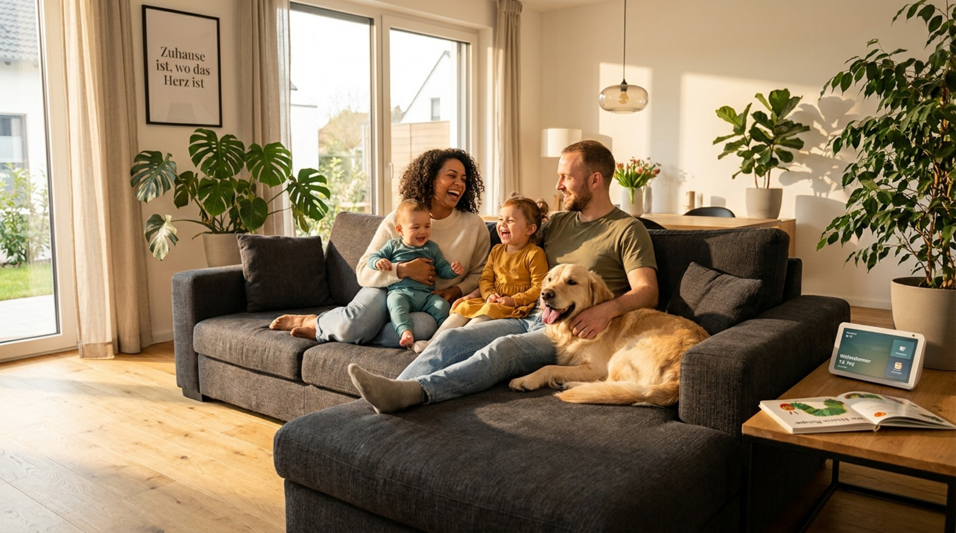 Familie mit zwei Kindern und Hund sitzt auf einem dunklen Ecksofa in einem hellen Wohnzimmer.