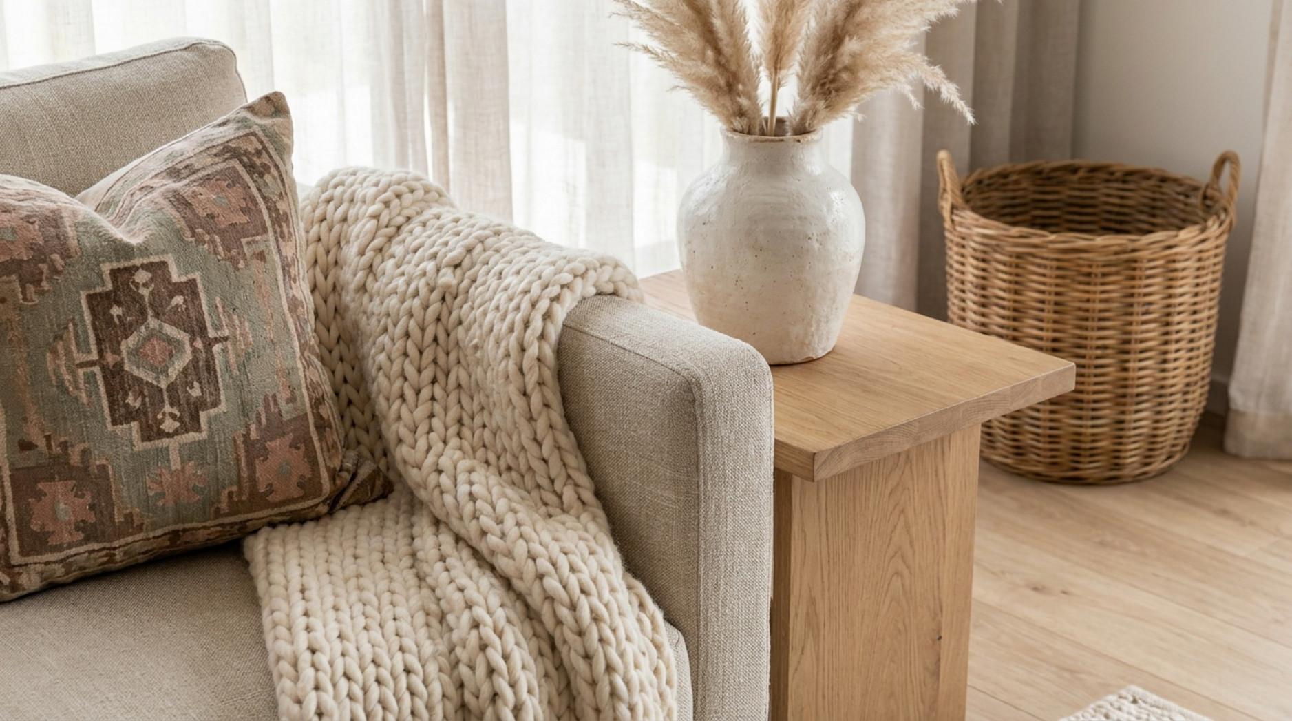 Beiges Sofa mit gemusterten Kissen, grober Strickdecke, Holztisch und Vase mit Pampasgras Caption: Weiche Textilien und natürliche Materialien verleihen der Sitzecke eine warme und entspannte Atmosphäre.