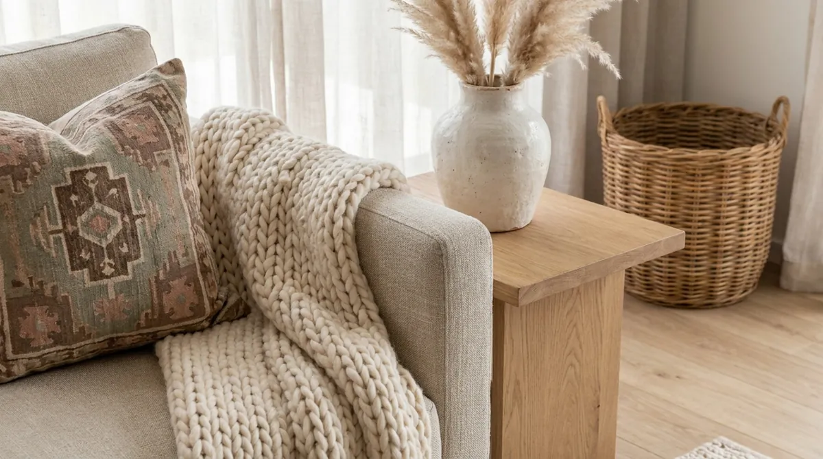 Beiges Sofa mit gemusterten Kissen, grober Strickdecke, Holztisch und Vase mit Pampasgras Caption: Weiche Textilien und natürliche Materialien verleihen der Sitzecke eine warme und entspannte Atmosphäre.