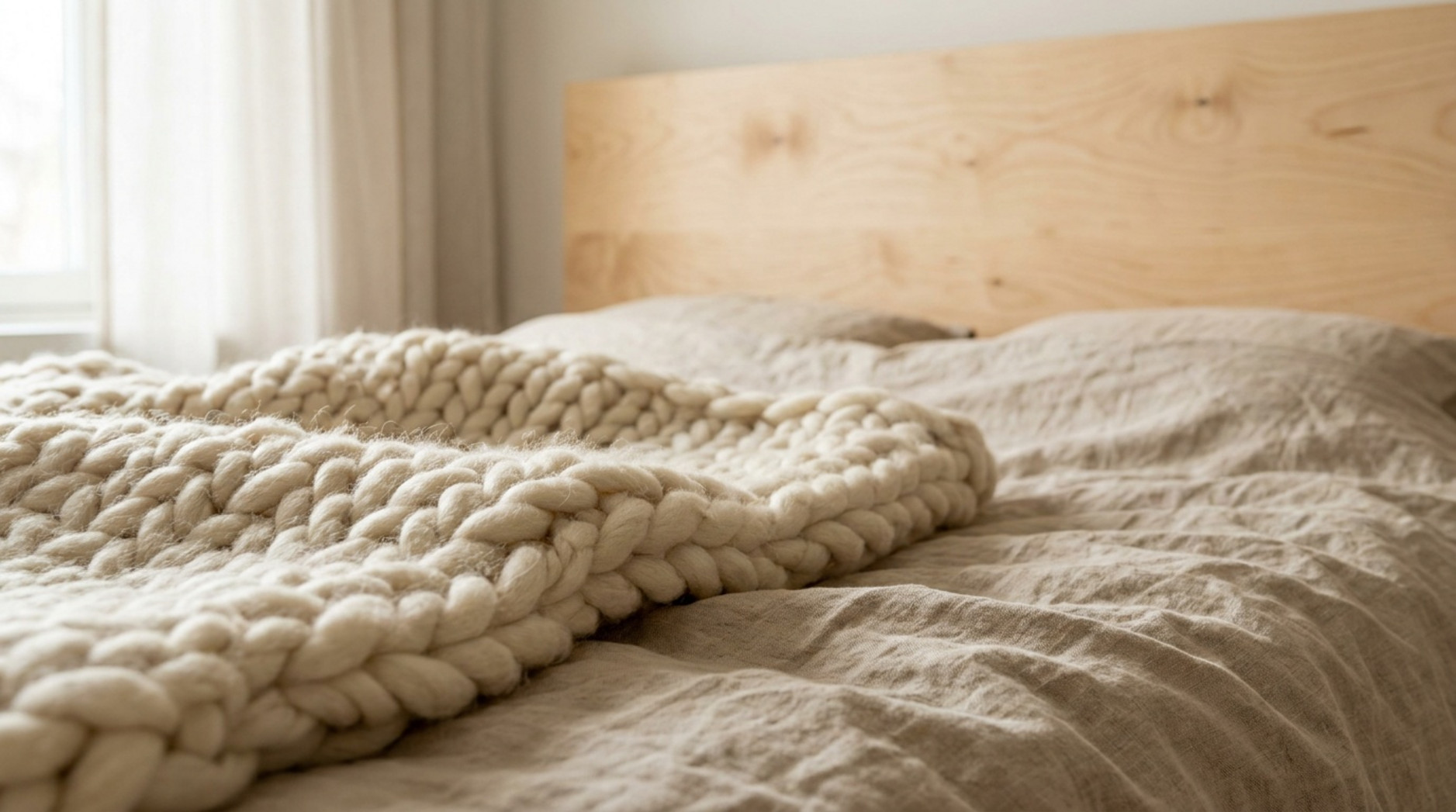 Cremefarbene Grobstrickdecke auf einem Bett mit beiger Leinenbettwäsche und hellem Holzkopfteil