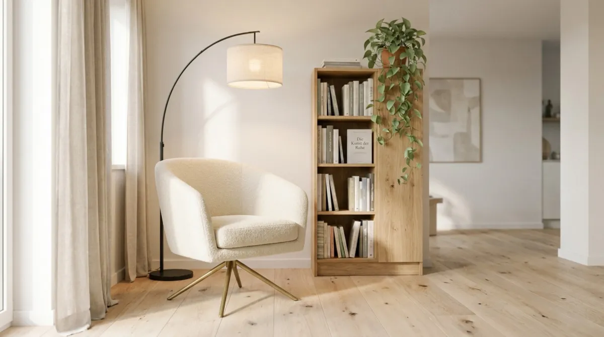 Heller Polstersessel mit goldenem Drehgestell neben einem Holzregal und einer gebogenen Stehlampe