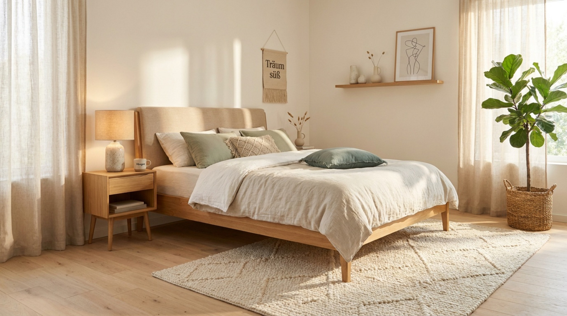 Helles Schlafzimmer mit Holzbett, beiger Bettwäsche, Nachttisch, Teppich und großer Zimmerpflanze