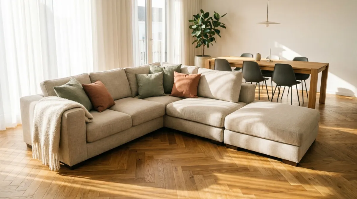 Helles Wohnzimmer mit großem beigem Ecksofa, farbigen Kissen und angrenzendem Essbereich