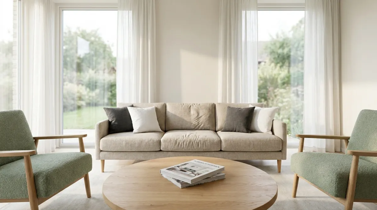 Helles Wohnzimmer mit beigem Dreisitzer-Sofa, zwei grünen Sesseln und rundem Holztisch
