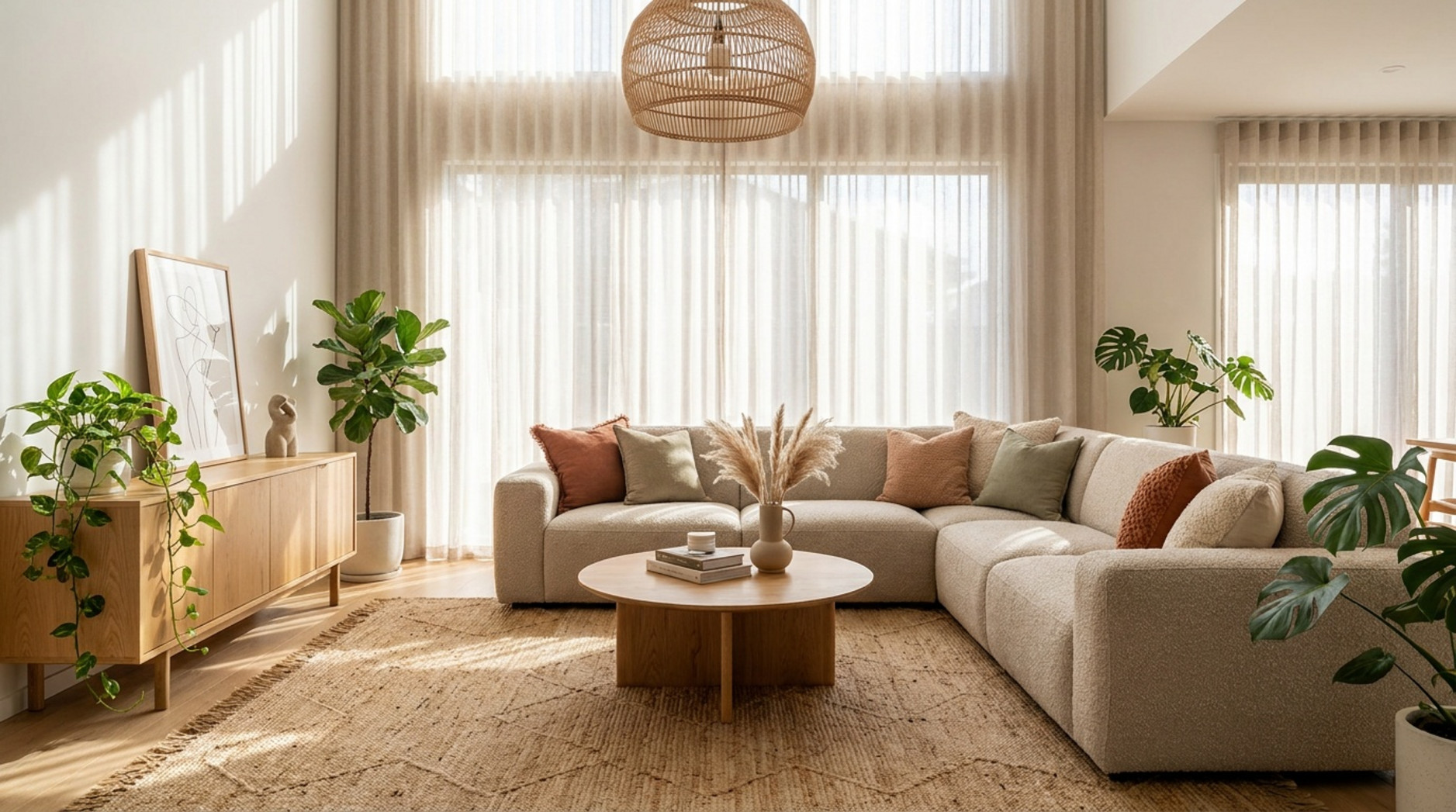 Helles Wohnzimmer mit beigem Ecksofa, rundem Holztisch, Naturteppich und zahlreichen Grünpflanzen Caption: Großzügige Fensterflächen, warme Holztöne und üppiges Grün schaffen eine offene und harmonische Wohnatmosphäre.