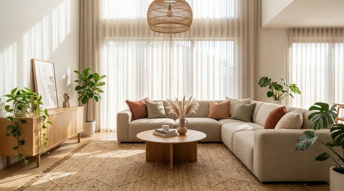 Helles Wohnzimmer mit beigem Ecksofa, rundem Holztisch, Naturteppich und zahlreichen Grünpflanzen Caption: Großzügige Fensterflächen, warme Holztöne und üppiges Grün schaffen eine offene und harmonische Wohnatmosphäre.