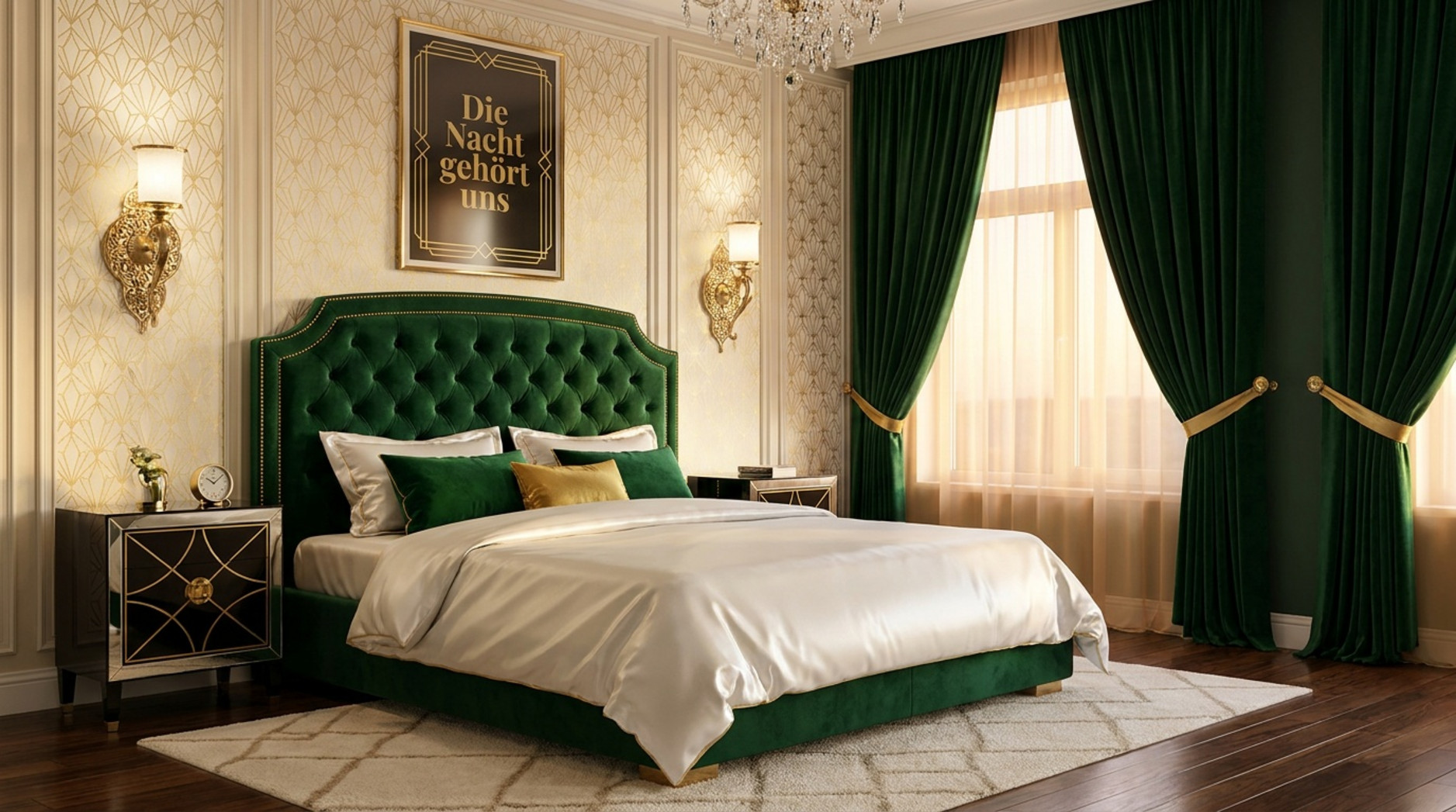 Elegantes Art-déco-Schlafzimmer mit grünem Samtbett, weißen Bettwaren, dunklen Vorhängen und goldenen Akzenten
