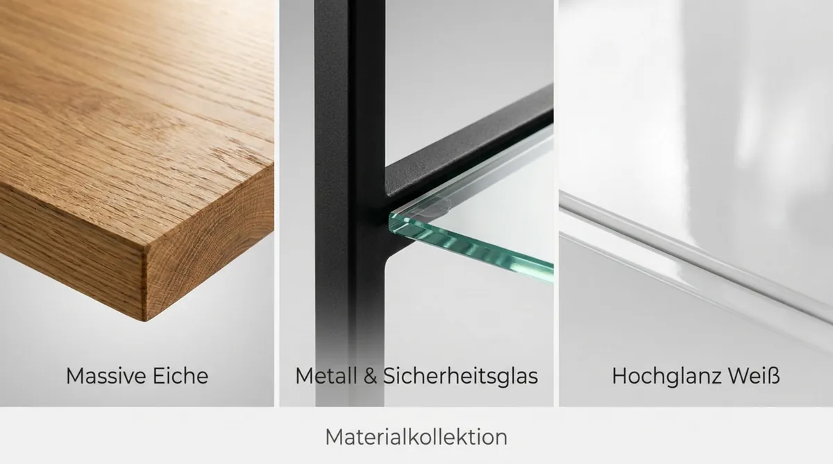 Materialkollektion mit massiver Eiche, Metall und Sicherheitsglas sowie Hochglanz Weiß.