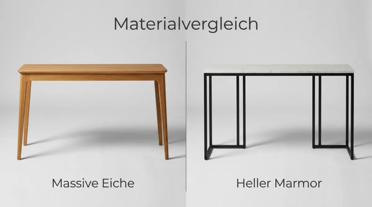 Materialvergleich zwischen einer Konsole aus massiver Eiche und einer Konsole mit heller Marmorplatte