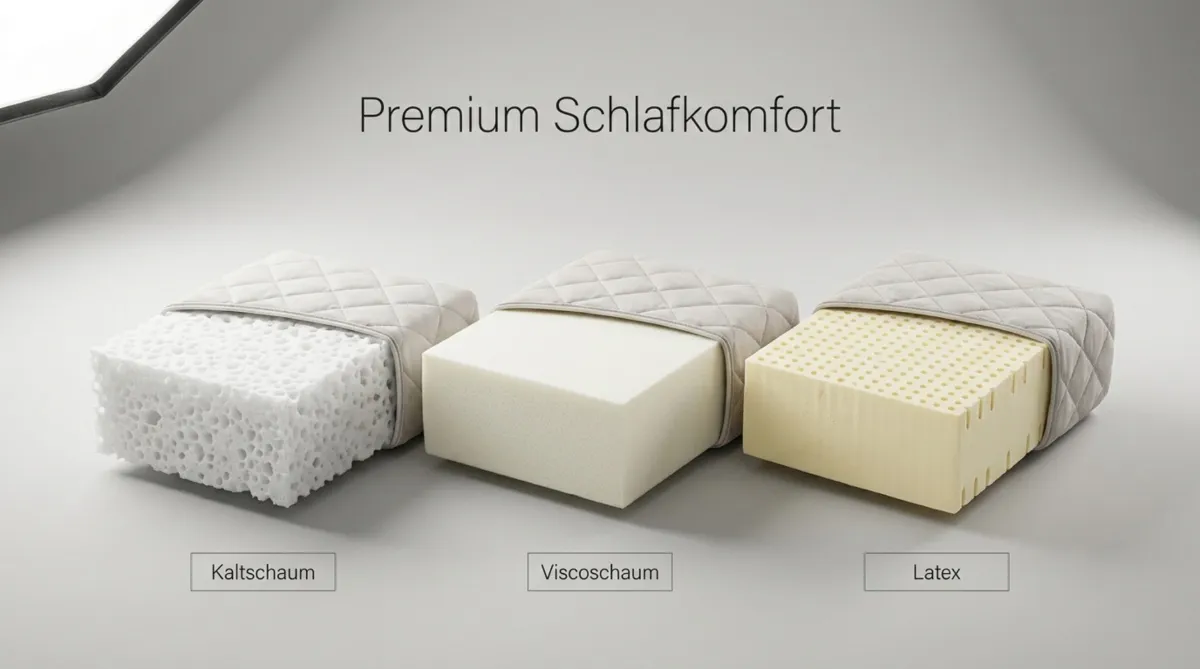 Vergleich von drei Matratzenmaterialien: offenporiger Kaltschaum, glatter Viscoschaum und perforierter Latex, jeweils mit gestepptem Matratzenbezug.