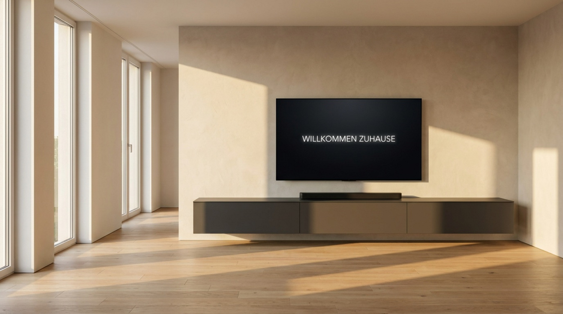 Minimalistisches Wohnzimmer mit schwebendem TV-Lowboard, Wandfernseher und Soundbar.