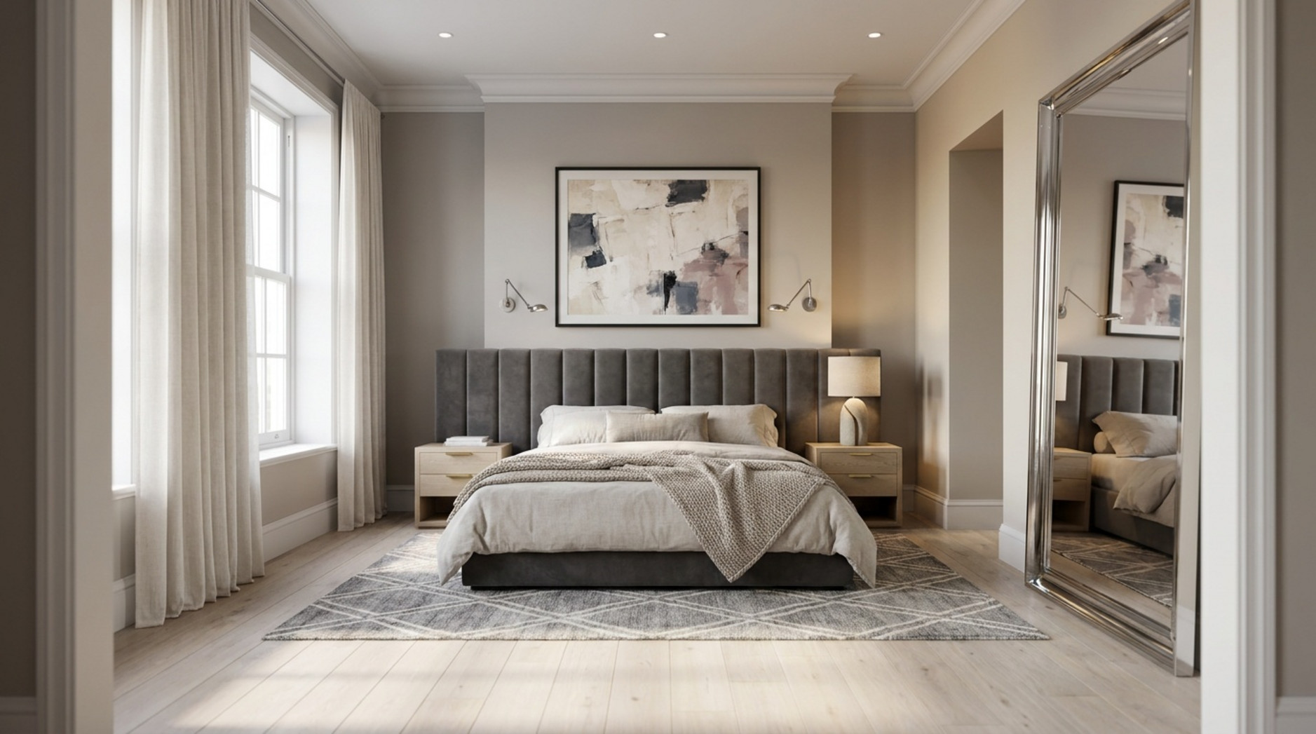 Modernes Schlafzimmer mit grauem Polsterbett, heller Bettwäsche, abstraktem Wandbild, Teppich und großem Spiegel