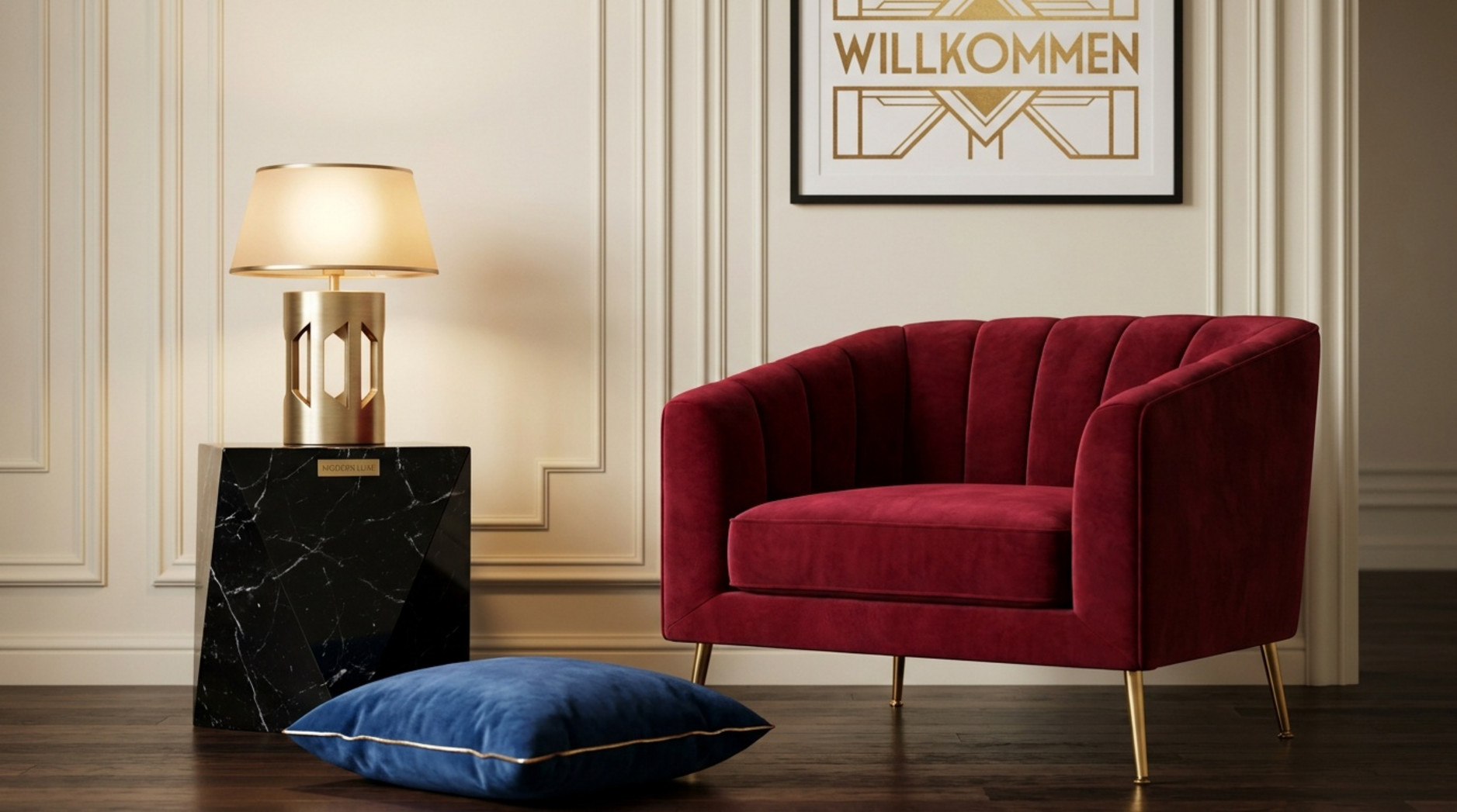 Roter Samtsessel mit goldenen Beinen, schwarzem Marmortisch, dekorativer Tischlampe und blauem Kissen