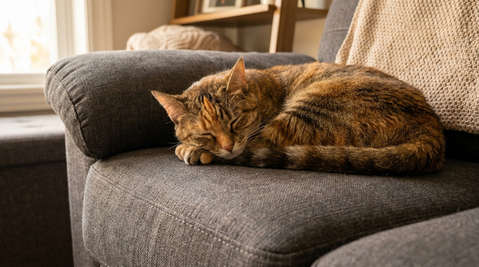 Schlafende braun getigerte Katze auf einem grauen Stoffsofa neben einer gestrickten Decke