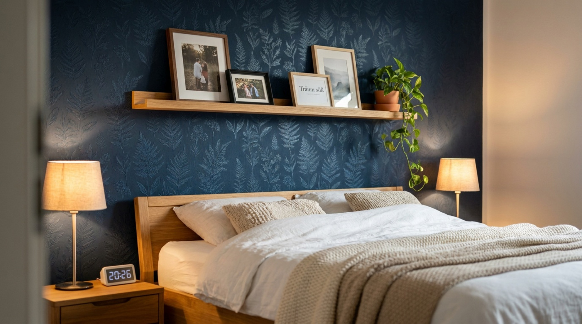 Gemütliches Schlafzimmer mit Holzbett, dunkelblauer Akzentwand und Wandregal