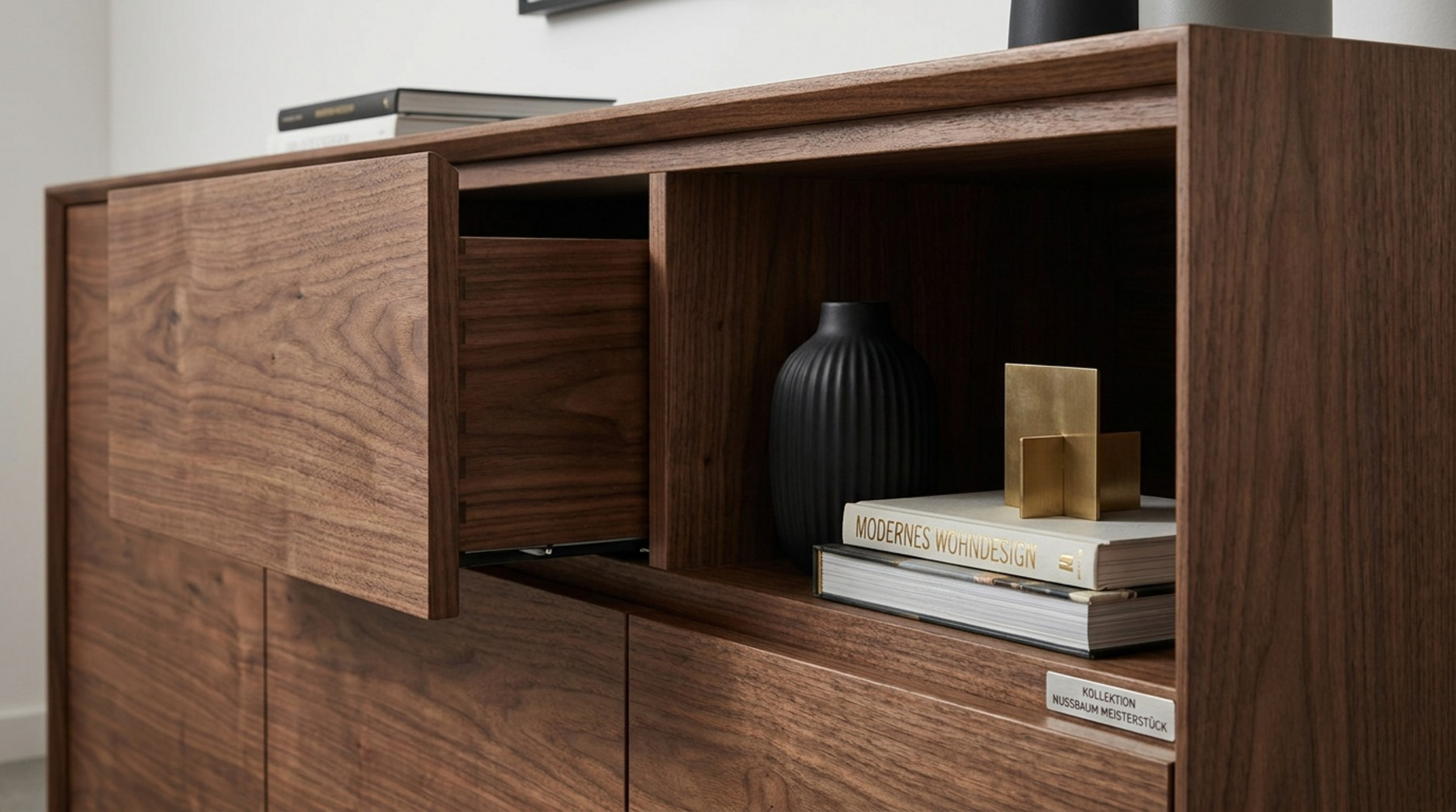 Nussbaum-Sideboard mit offenem Fach, Schublade, Büchern und schwarzer Vase.