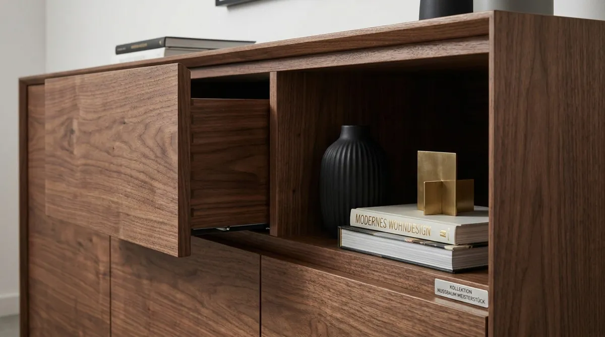 Nussbaum-Sideboard mit offenem Fach, Schublade, Büchern und schwarzer Vase.