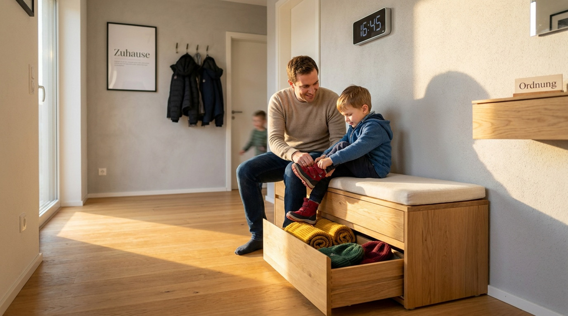 Vater hilft seinem Kind auf einer Sitzbank mit Stauraumschublade im Flur