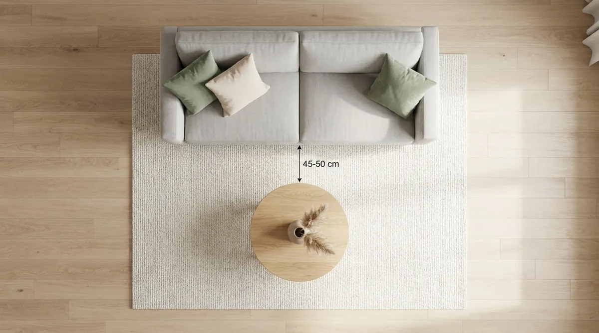 Draufsicht auf ein Sofa und einen Couchtisch mit einem empfohlenen Abstand von 45 bis 50 cm