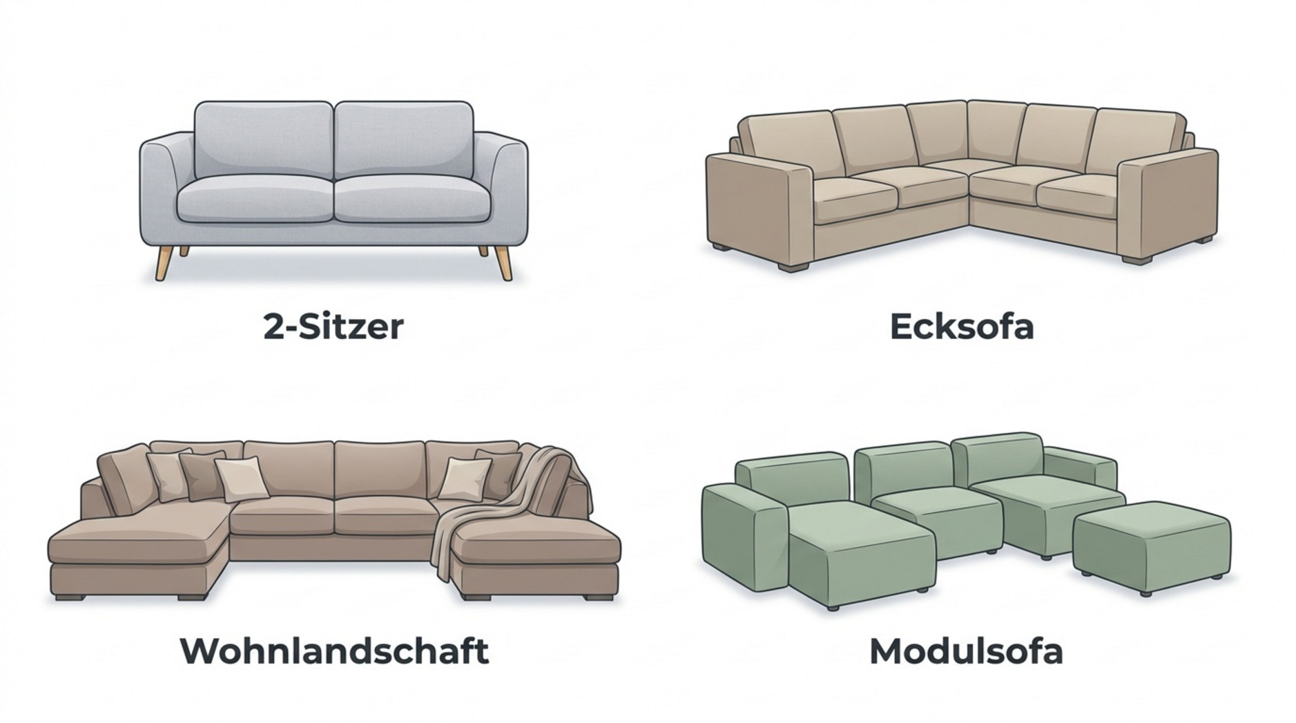 Übersicht verschiedener Sofaarten mit 2-Sitzer, Ecksofa, Wohnlandschaft und Modulsofa