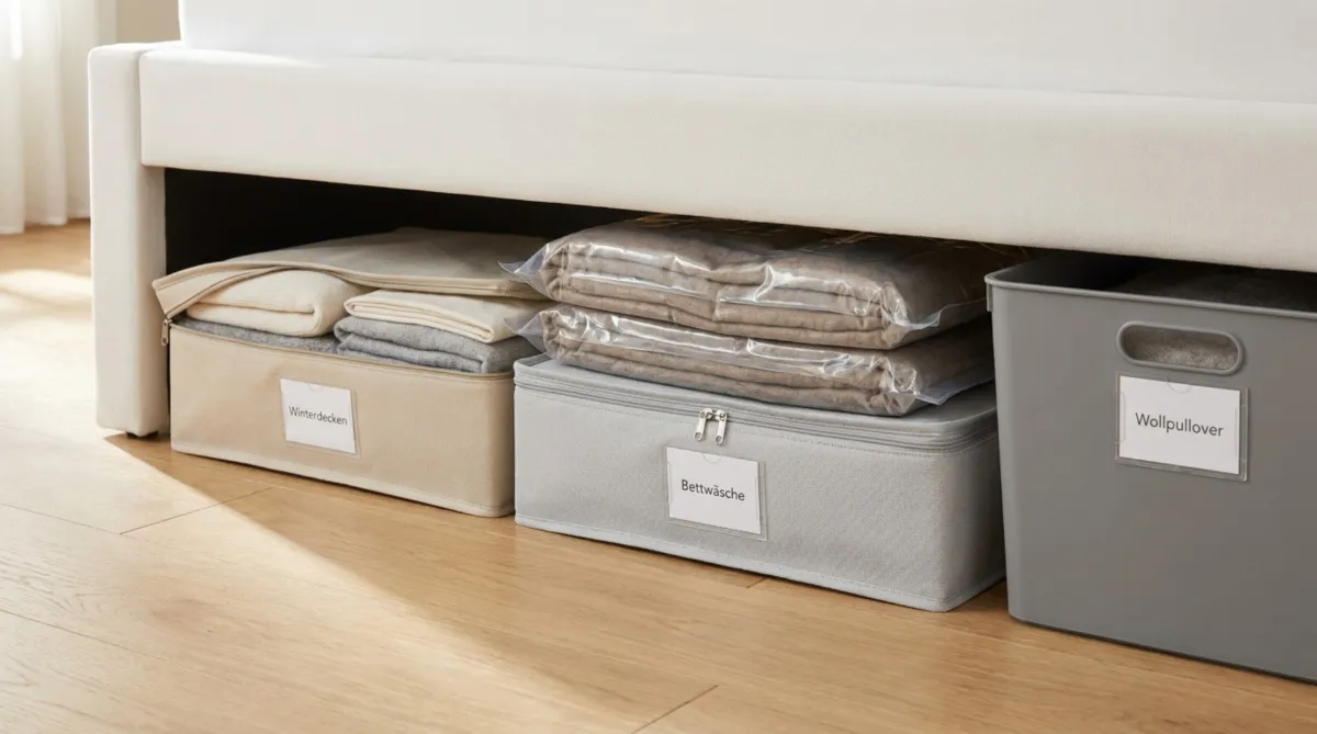 Drei beschriftete Aufbewahrungsboxen unter einem weißen Polsterbett mit ordentlich verstauten Winterdecken, Bettwäsche und Wollpullovern.