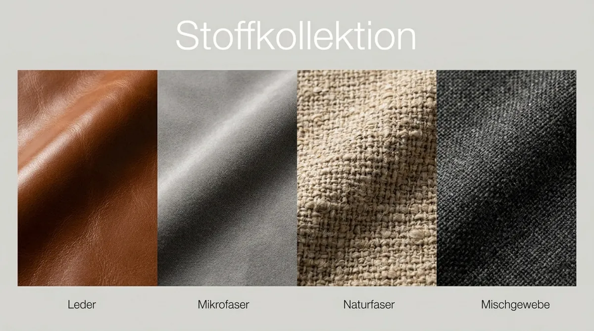 Übersicht verschiedener Bezugsstoffe mit Leder, Mikrofaser, Naturfaser und Mischgewebe.