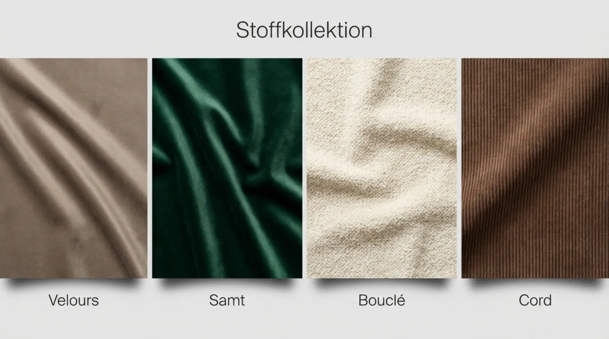 Vergleich von vier Polsterstoffen: beigefarbener Velours, dunkelgrüner Samt, cremeweißer Bouclé und brauner Cord mit unterschiedlichen Oberflächenstrukturen.