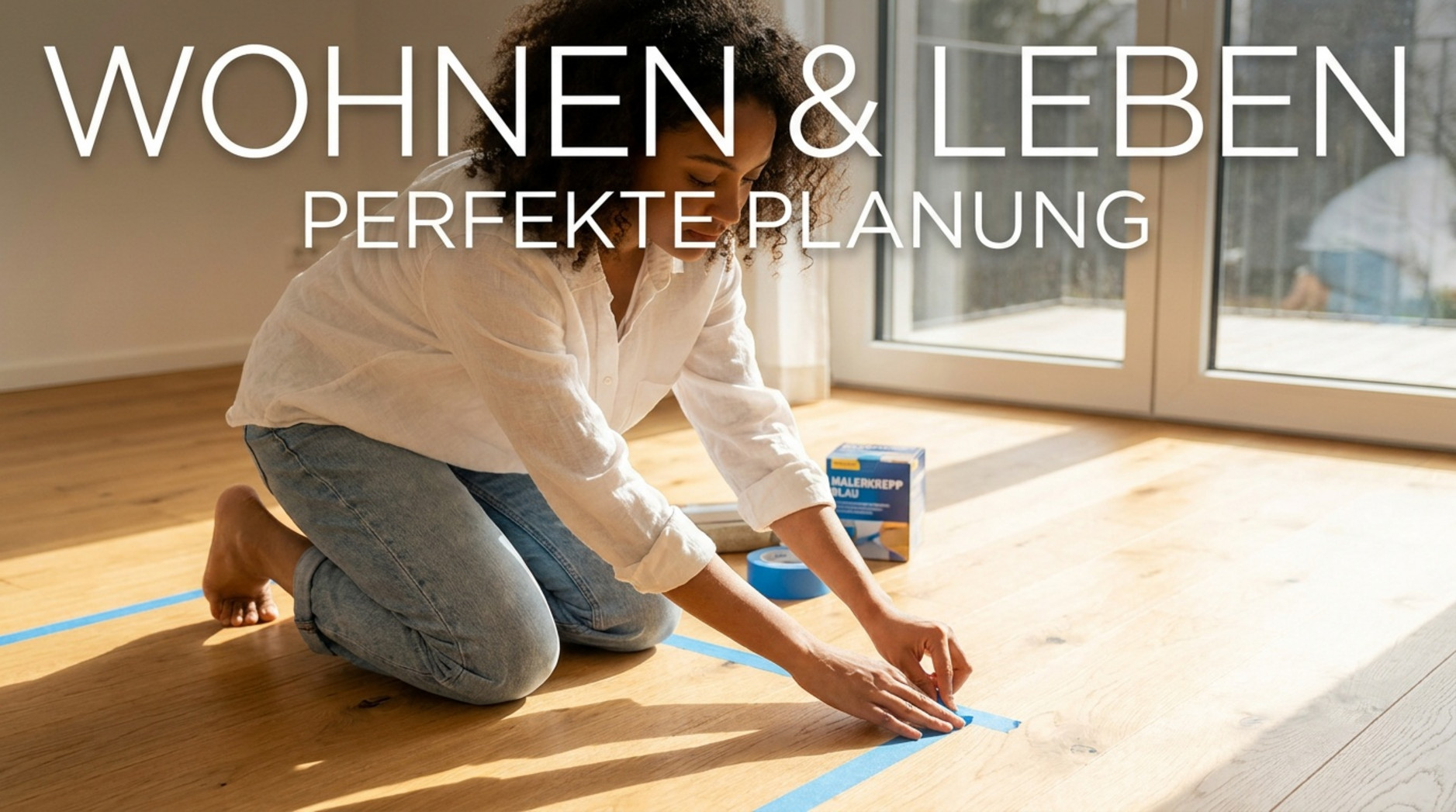 Person markiert mit blauem Klebeband eine Fläche auf dem Holzboden eines hellen Wohnraums.