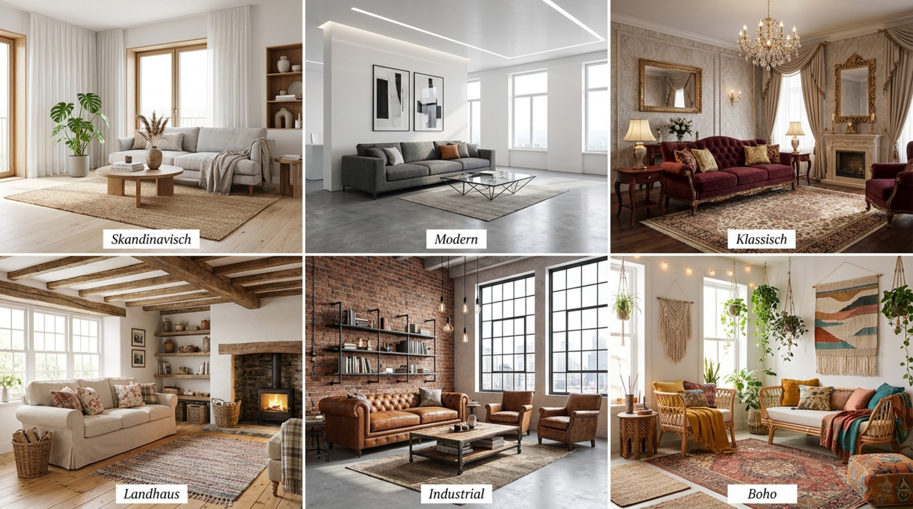 ergleich verschiedener Wohnzimmerstile: skandinavisch, modern, klassisch, Landhaus, Industrial und Boho