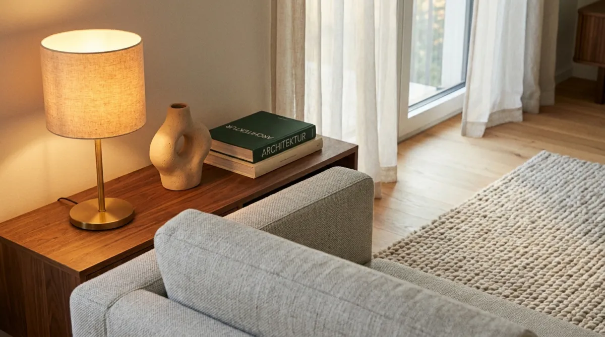 Wohnzimmer mit Holzkonsole hinter dem Sofa, Tischlampe, Vase und Büchern
