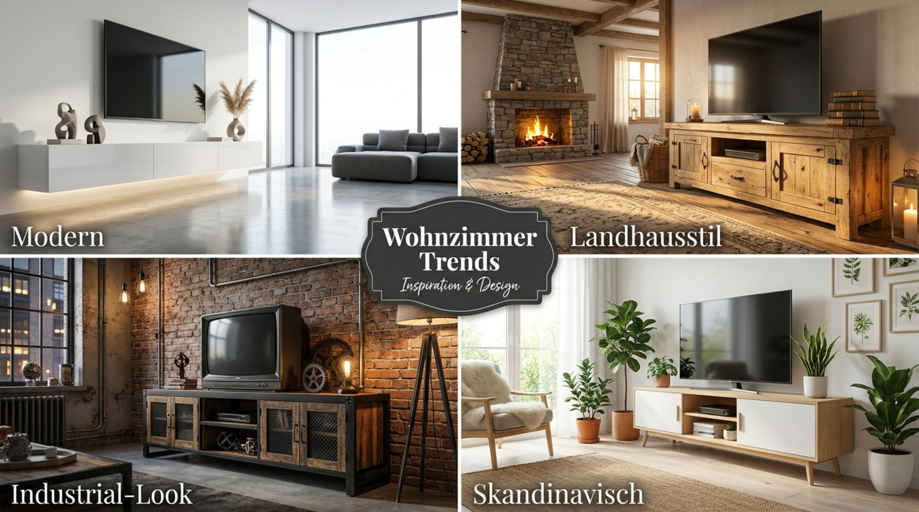 Collage mit vier Wohnzimmerstilen: modern, Landhausstil, Industrial-Look und skandinavisch.
