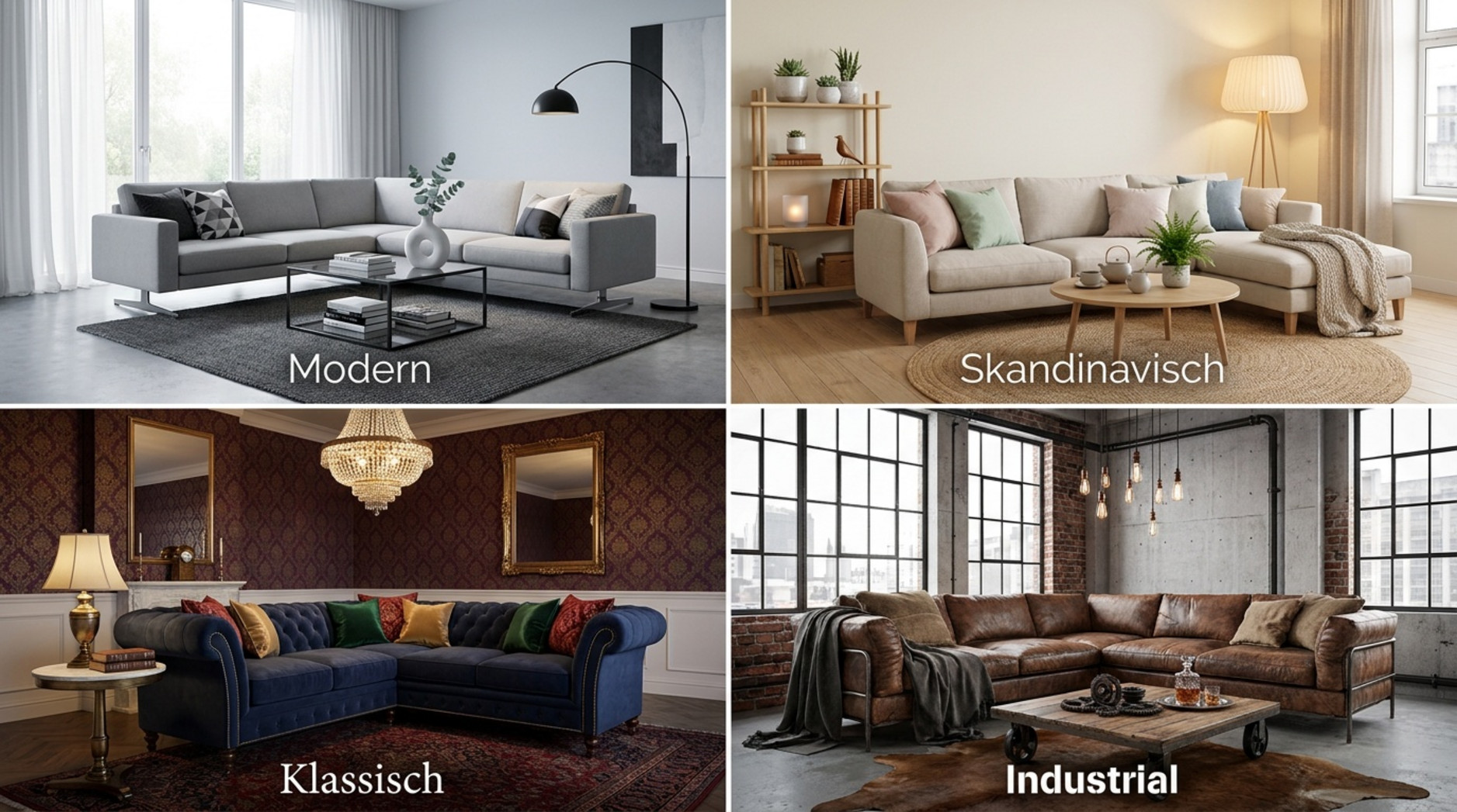 Vergleich von vier Wohnzimmern im modernen, skandinavischen, klassischen und industriellen Einrichtungsstil