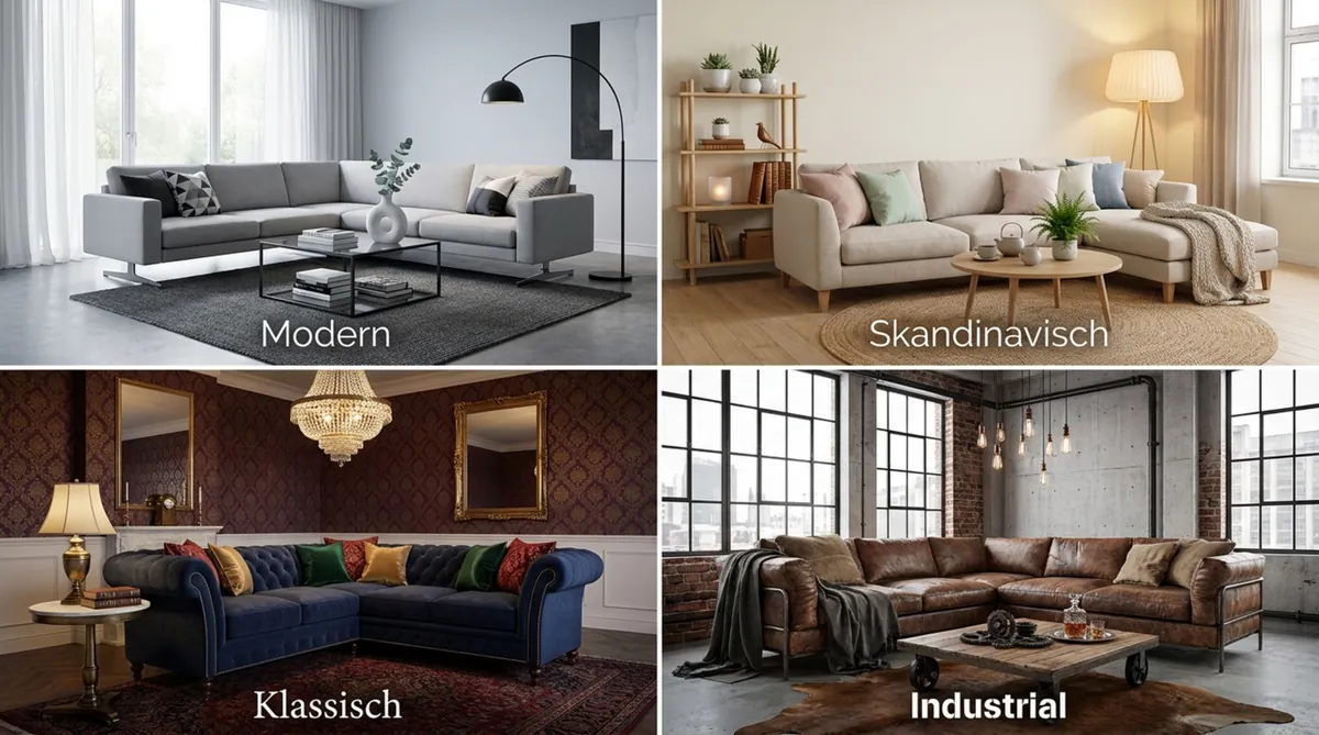 Vergleich von vier Wohnzimmern im modernen, skandinavischen, klassischen und industriellen Einrichtungsstil