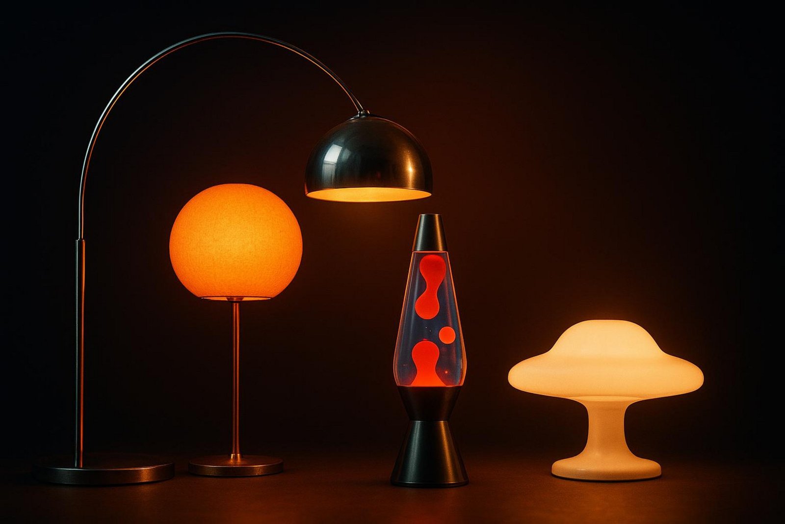 Stimmungsvolle Aufnahme ikonischer Lampen aus den 70er Jahren mit warmem Licht und atmosphärischer Beleuchtung.