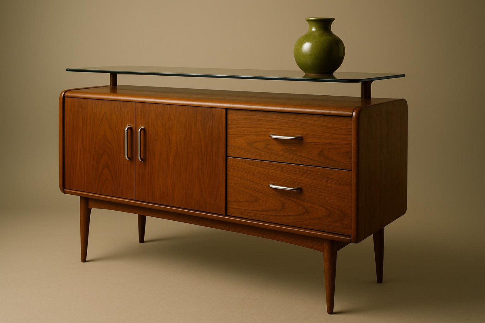 Detailaufnahme eines stilvollen Sideboards aus dunklem Teakholz mit abgerundeten Kanten und Chromgriffen.