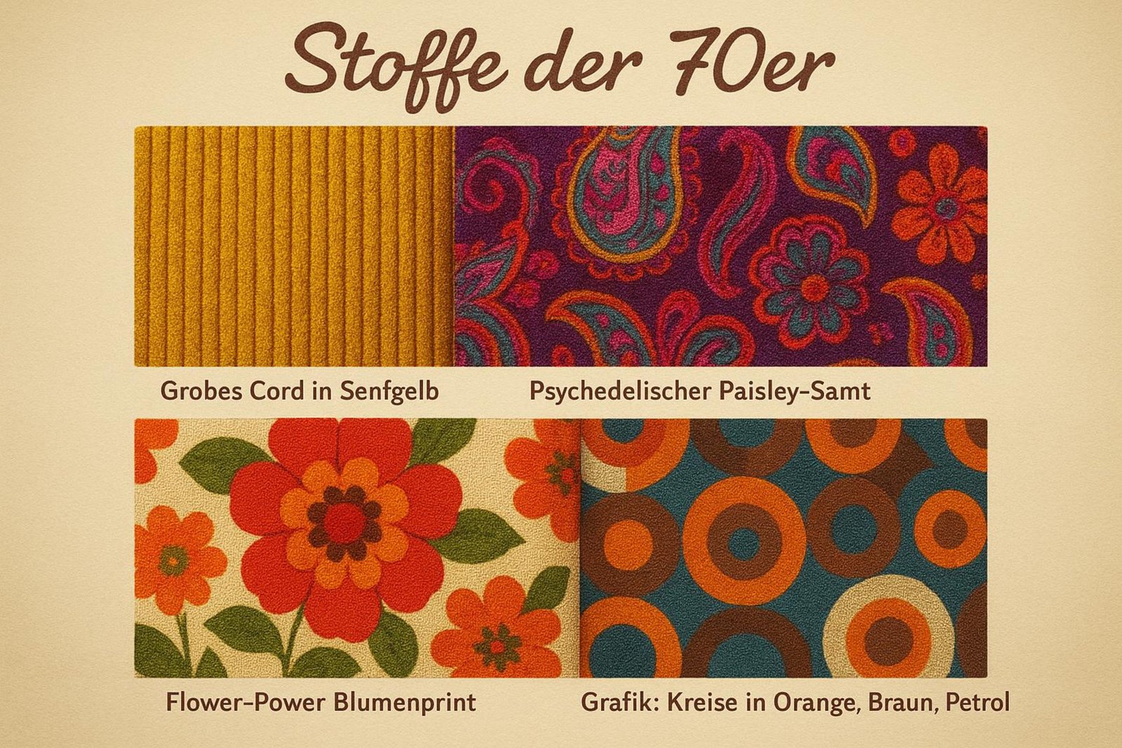 Verschiedene Stoffmustere und Texturen der 70er Jahre in einer Collage, die die warme und haptische Qualität der Materialien zeigt.