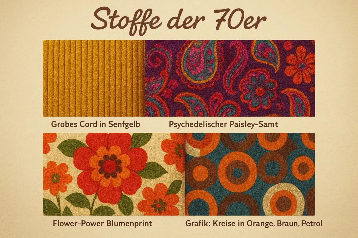 Verschiedene Stoffmustere und Texturen der 70er Jahre in einer Collage, die die warme und haptische Qualität der Materialien zeigt.