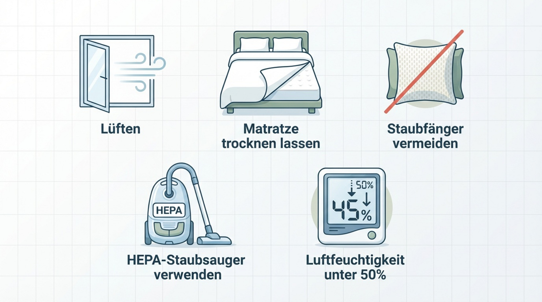 Infografik mit fünf Pflegetipps für ein allergikerfreundliches Schlafzimmer mit Icons für Lüften, Matratze trocknen, Staubfänger vermeiden, HEPA Staubsauger und Luftfeuchtigkeit.