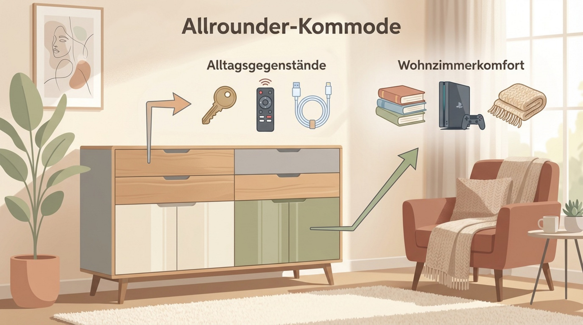Moderne Infografik einer Allrounder-Kommode im Wohnzimmer mit Icons für Schlüssel, Fernbedienung und Ladekabel sowie Bücher, Spielekonsole und Decke.