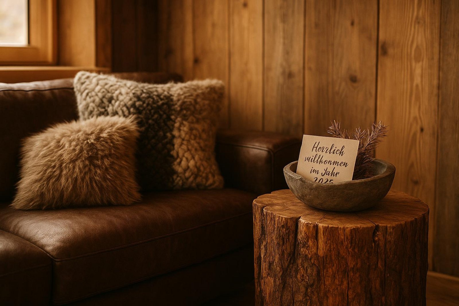 Nahaufnahme eines Chalets mit natürlichen Materialien und warmen Texturen im Innenraum.