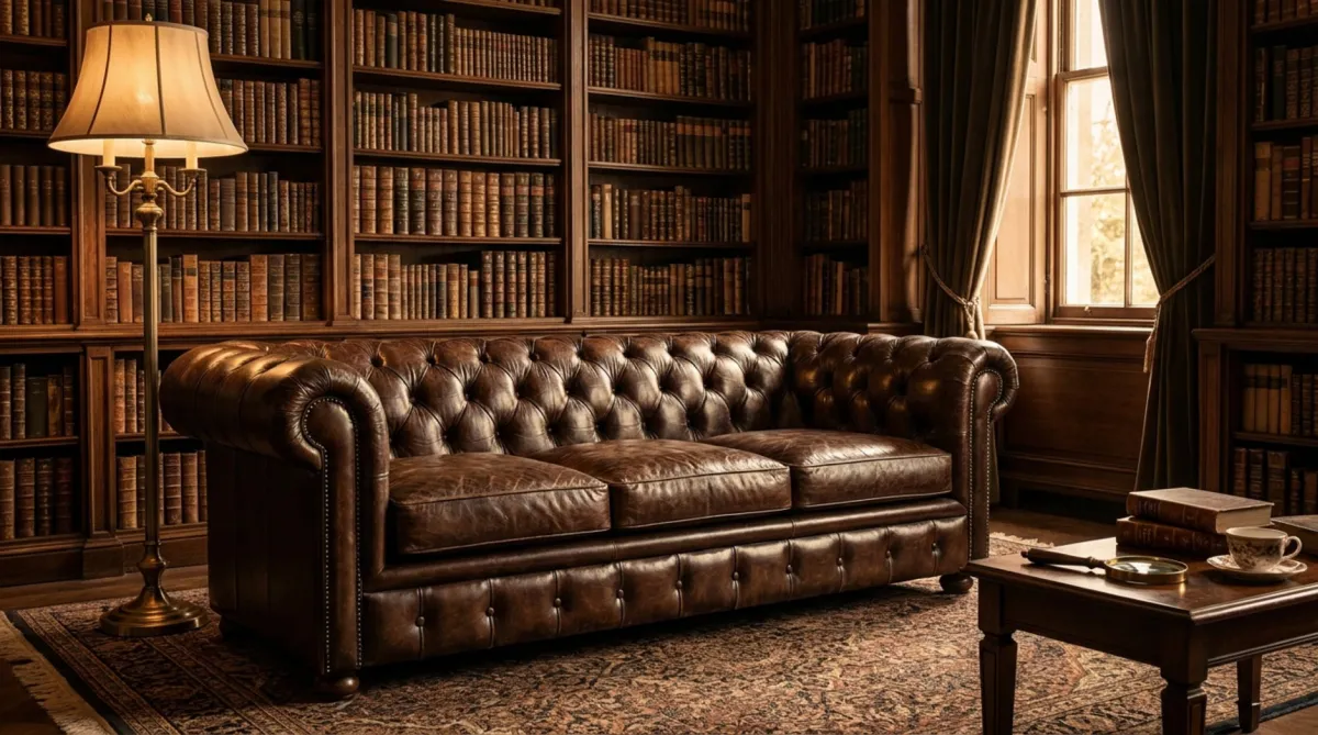 Klassisches braunes Chesterfield-Ledersofa vor deckenhohen Bücherregalen in einer Bibliothek