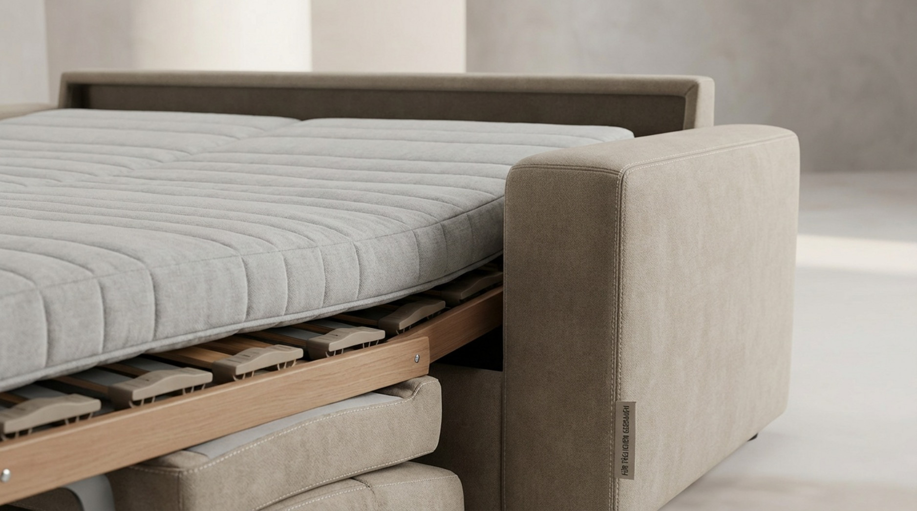 Nahaufnahme eines Dauerschläfer-Sofas mit ausgeklappter Matratze, die Qualität und Langlebigkeit für täglichen Gebrauch zeigt.