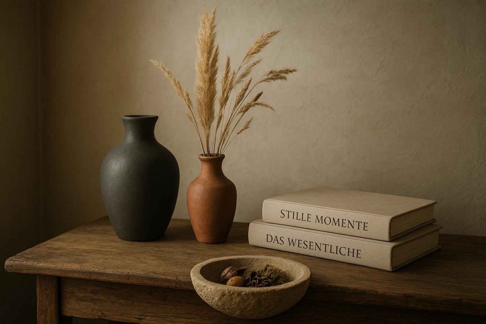 Stilvolle Nahaufnahme eines Dekorations-Arrangements mit natürlichen Materialien und Erdfarben. Die Aufnahme zeigt Keramikvasen, getrocknete Gräser, Bücher und eine Steinschale auf einer rustikalen Holzkonsole.